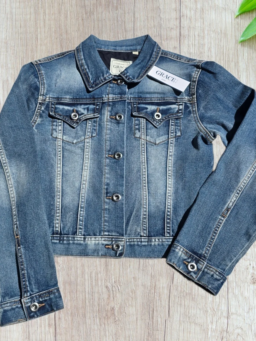 GRACE In LA Longhorn Embroidered Distressed Denim Jacket Youth XL New With Tags
